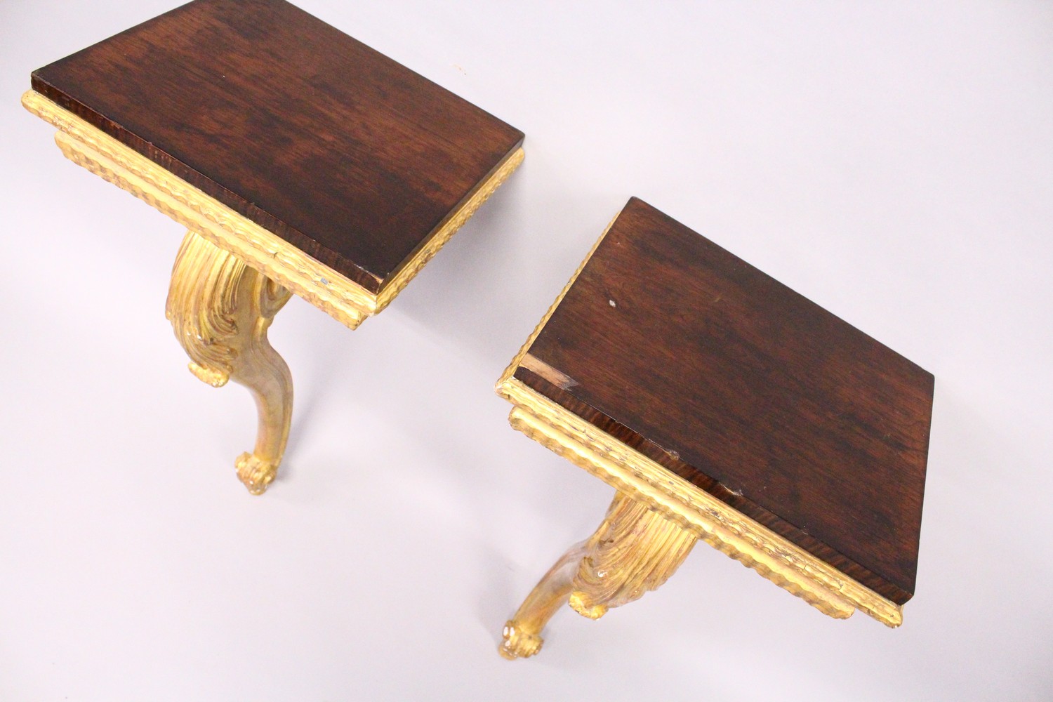 A PAIR OF 19TH CENTURY ROSEWOOD AD GILTWOOD SMALL CONSOLE TABLES, the rectangular tops supported - Image 2 of 5