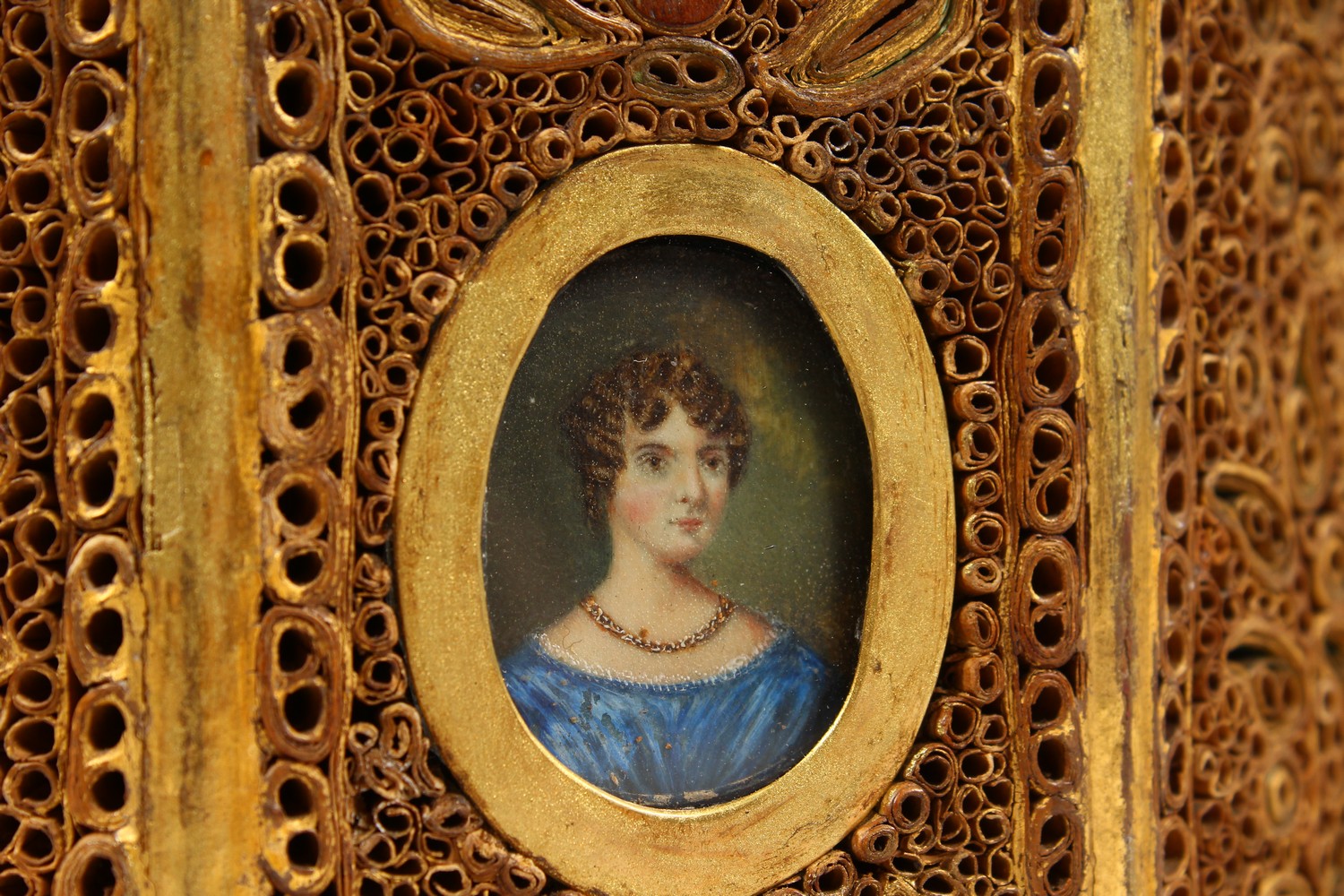 A GEORGE III ROLLED GILDED PAPER TEA CADDY, octagonal, inset with a portrait of a young girl. 4. - Image 4 of 7