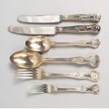 A MIXED CANTEEN OF GEORGIAN, VICTORIAN AND LATER QUEENS PATTERN CUTLERY, comprising six tablespoons,