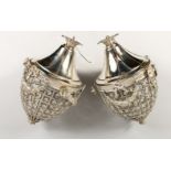 A PAIR OF SMALL, SILVER PLATED PINEAPPLE SHAPED CHANDELIERS. 16ins high.