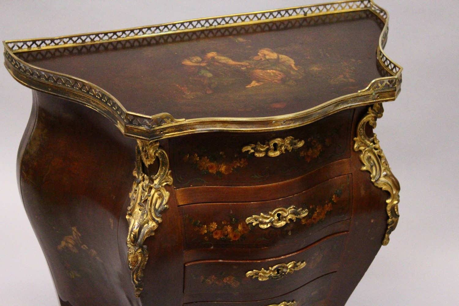 A VERNIS MARTIN PETITE BOMBE COMMODE, mid 20th Century, the galleried top painted with young lovers, - Image 2 of 6