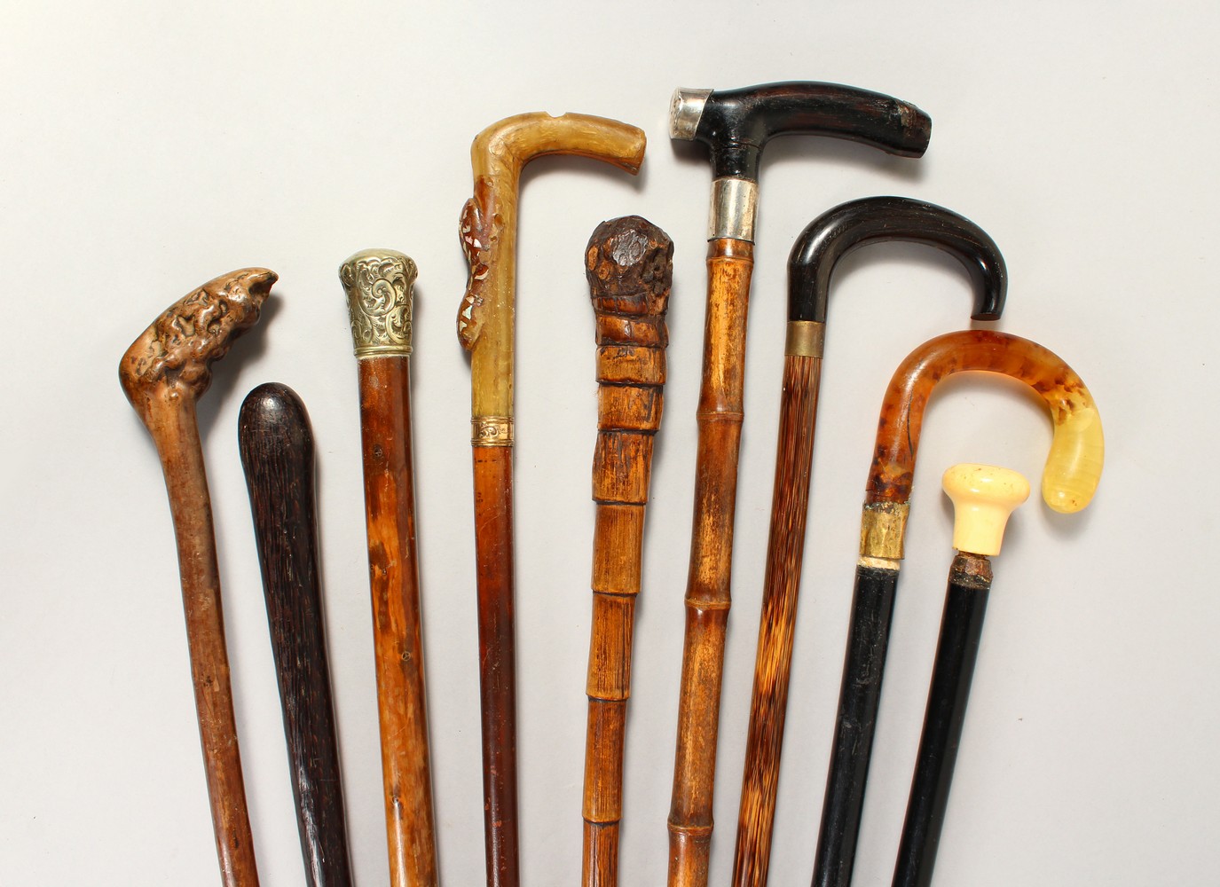 A COLLECTION OF NINE VARIOUS RUSTIC AND OTHER WALKING STICKS AND CANES.