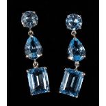 A PAIR OF SILVER, BLUE TOPAZ AND AQUAMARINE DROP EARRINGS.