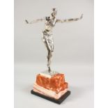 A SILVER PLATED BRONZE ART DECO STYLE FIGURE OF A DANCER, on a stepped marble base. 1ft 7ins high.