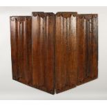 FOUR PIECES OF 17TH/18TH CENTURY OAK LINEN FOLD STYLE CARVED PANELS. Largest: 28ins x 7.5ins.
