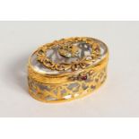 A SUPERB RUSSIAN CRYSTAL AND GOLD OVAL SNUFF BOX AND COVER, with gold mounts and crest. 1.75ins