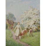 Joseph Kirkpatrick (1872-1936) British. "Blossom Time", a Young Girl Feeding Calves by a Blossom