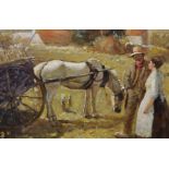 Manner of Alfred James Munnings (1878-1959) British. A Pony and Cart with Two Figures, Oil on Board,