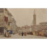 19th Century English School. A Market Square, with Figures in the foreground, Watercolour and