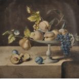 Jean Prin (1679-1729) European. Still Life of Fruit in a Silver Salva on a Ledge, Watercolour,