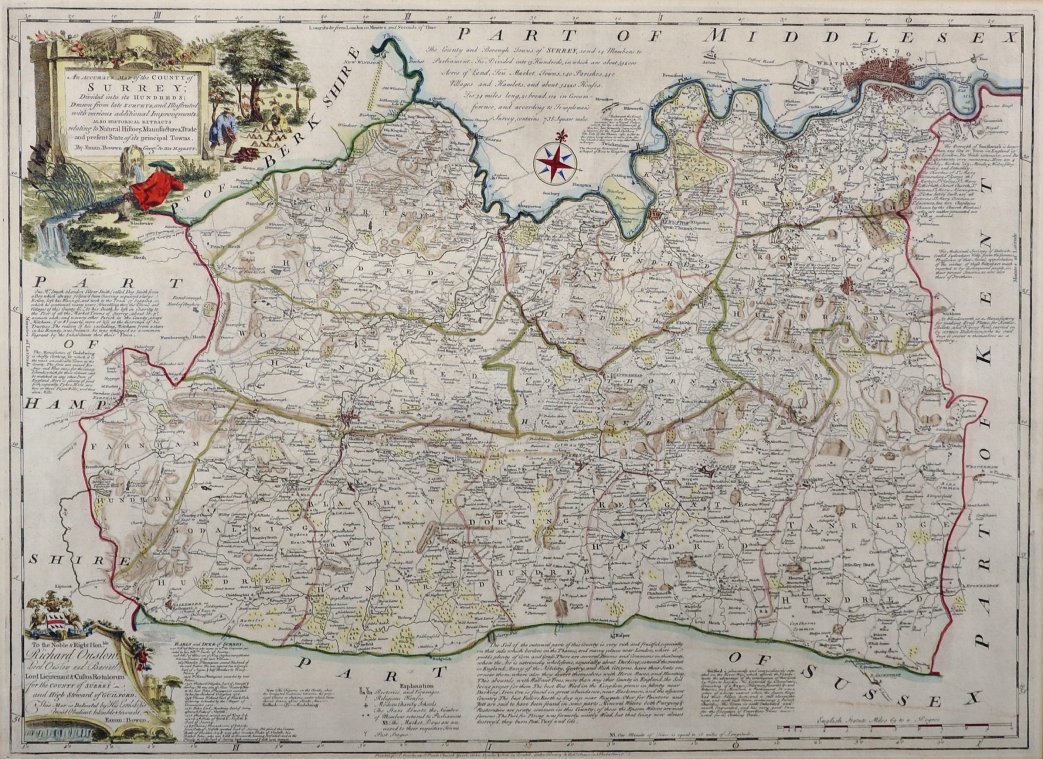 After Emanuel Bowen (1693-1767) British. "Surrey", Map, 21" x 28.25".