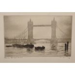 20th Century English School. "Tower Bridge, London", Etching, Indistinctly Signed and Inscribed,