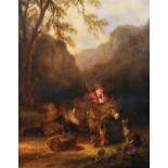 William Shayer (1788-1879) British. A Rest by the Wayside, with Figures with a Donkey and a Dog, Oil