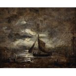 John Moore of Ipswich (1820-1902) British. A Moonlit River Landscape, with a Sailing Vessel, Oil