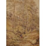 19th Century English School. A Woodland Scene, with a Figure in a Red Cloak on a Path,