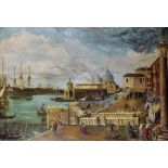 20th Century European School. An Extensive Venetian Canal Scene, with Figures at a Market, Santa