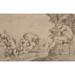 18th Century French School. Pan Playing the Pipes by the Water's Edge, Engraving, Unframed, 4" x 6.