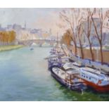 Norman B... Edgar (1948- ) British. Moored Longboats on the Seine, Oil on Canvas, Signed, 10" x
