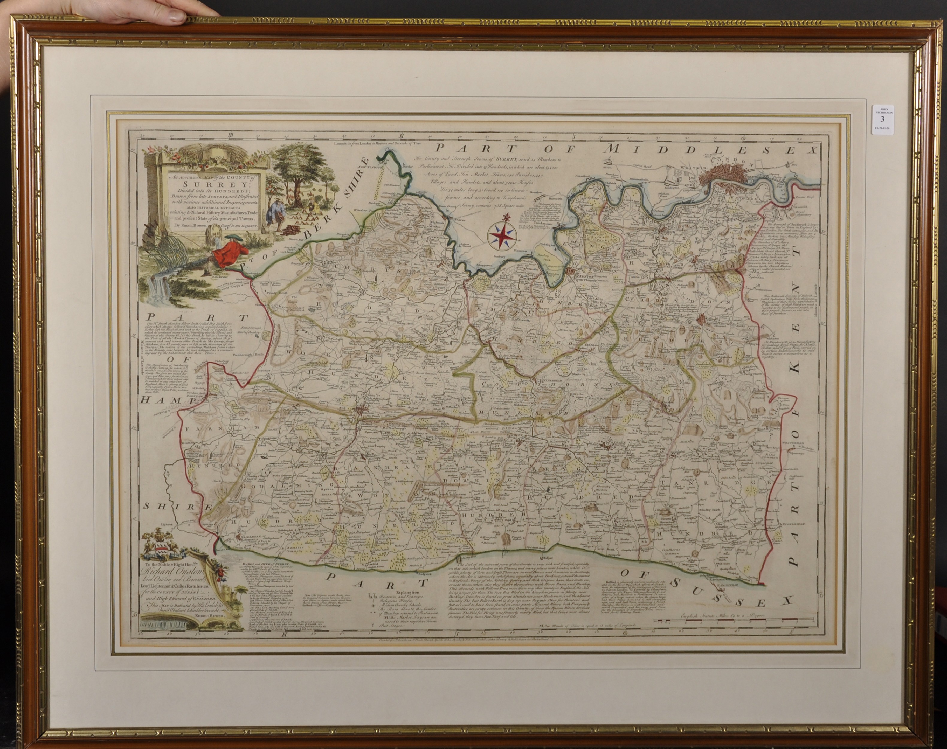 After Emanuel Bowen (1693-1767) British. "Surrey", Map, 21" x 28.25". - Image 2 of 4