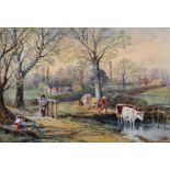 19th Century English School. A River Landscape with Cattle Watering, and Figures in the