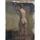 20th Century English School. The Back View of a Female Nude, Oil on Canvas, 14.5" x 10.75".