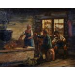G... Schmitt (19th Century) German. Figures in a Tavern, Oil on a Photographic base, Signed, 11" x
