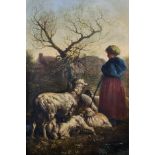 19th Century European School. Study of a Shepherdess standing in a Landscape, with her Flock, Oil on