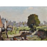 Thomas W... Armes (1894-1963) British. A Landscape with Houses, and Chickens in the foreground,