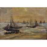 J...H... Schul (19th - 20th Century) Continental. A Coastal Scene, with Boats in Choppy Waters,