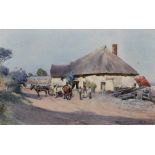 Henry Sykes (1855-1921) British. "Minehead", a Thatched Cottage Scene, with Figures by Horses and