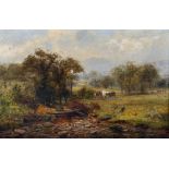 19th Century English School. A River Landscape, with Cattle, Oil on Board, 8" x 12".