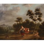 Early 19th Century English School. A River Landscape, and a Lady with Cattle and a Dog, Oil on