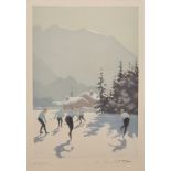 Edgard Bouillette (1872-1960) French. "Joueurs de Hockey", a Winter Scene, Aquatint in Colours,