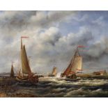 J... Deveux (20th Century) Continental. A Shipping Scene, with Boats in Choppy Waters, Oil on Panel,