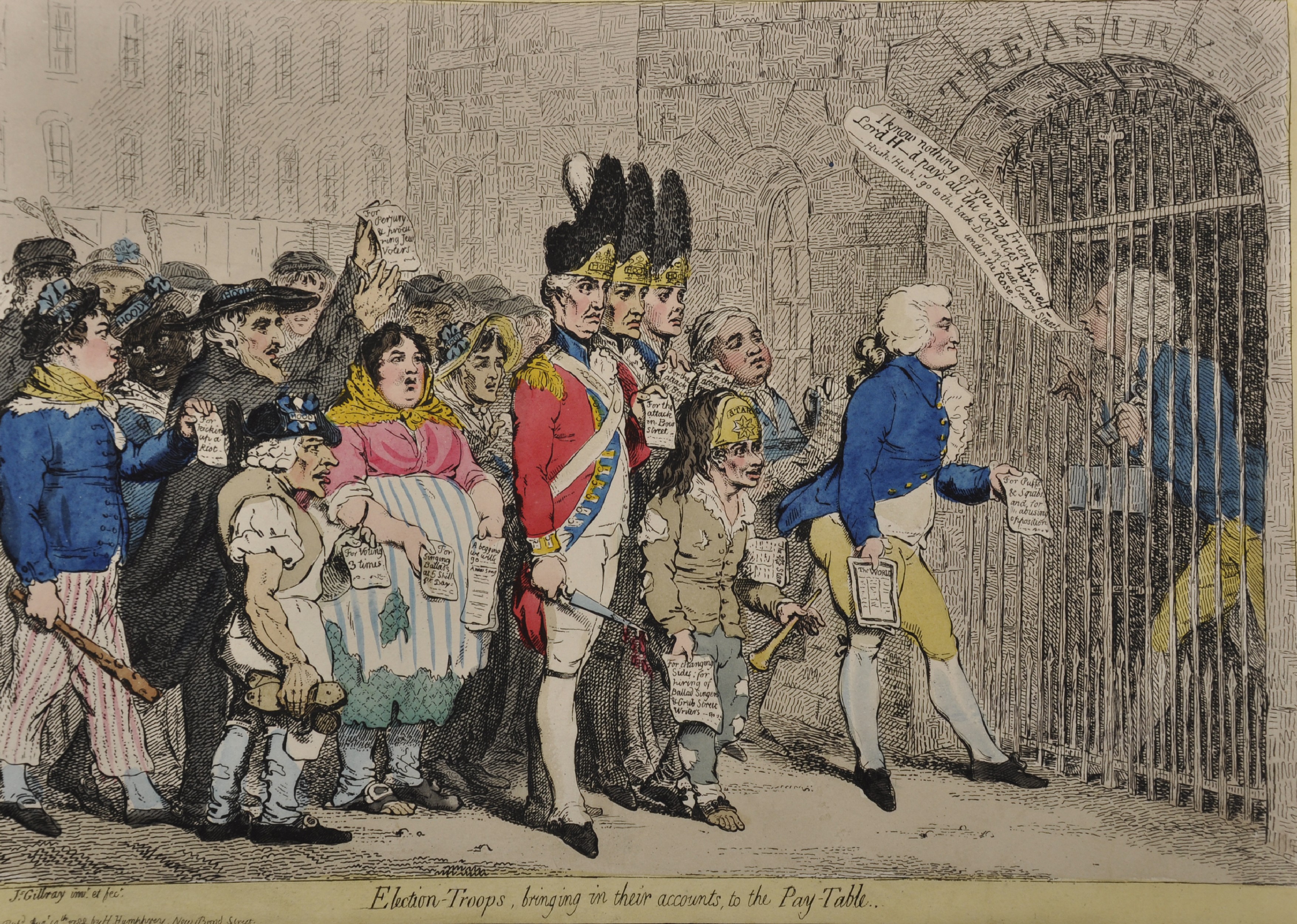 After James Gillray (1757-1815) British. "Election-Troops, bringing in their accounts, to the Pay