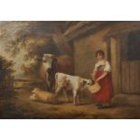 Circle of George Morland (1762/63-1804) British. A Girl by a Barn Door, feeding Cattle, Oil on