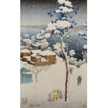 Charles William Bartlett (1860-1940) British. "Negishi, 1916", A Snow Covered Coastal Scene, Woodcut