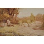 J...V...R... Parsons (act.1891-1914) British. A Young Girl and Dog with Sheep on a Country Lane,