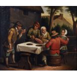 After David Teniers (1582-1649) Dutch. Figures outside a Tavern, Oil on Metal, bears a Signature, 7"