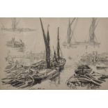 Adrian Hill (1895-1977) British. A Study of Moored Barges, Crayon and Pencil, with Collage