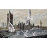 A... G... Hayward (20th Century) British. The Houses of Parliament, with Gulls, Mixed Media, Signed,