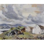 20th Century Irish School. Cottages on the Edge of a Lake, with Mountains in the distance, Oil on
