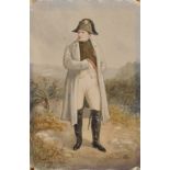 19th Century French School. A Full Length Portrait of Napoleon Standing in a Landscape, Watercolour,