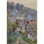 Alfred Robert Quinton (1853-1934) British. A Hillside Hamlet, with a Figure on a Path,