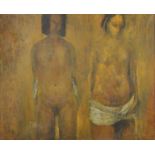 J... Farmer (20th Century) British. "II", Two Semi-Naked Figures, Oil on Canvas, Signed, and