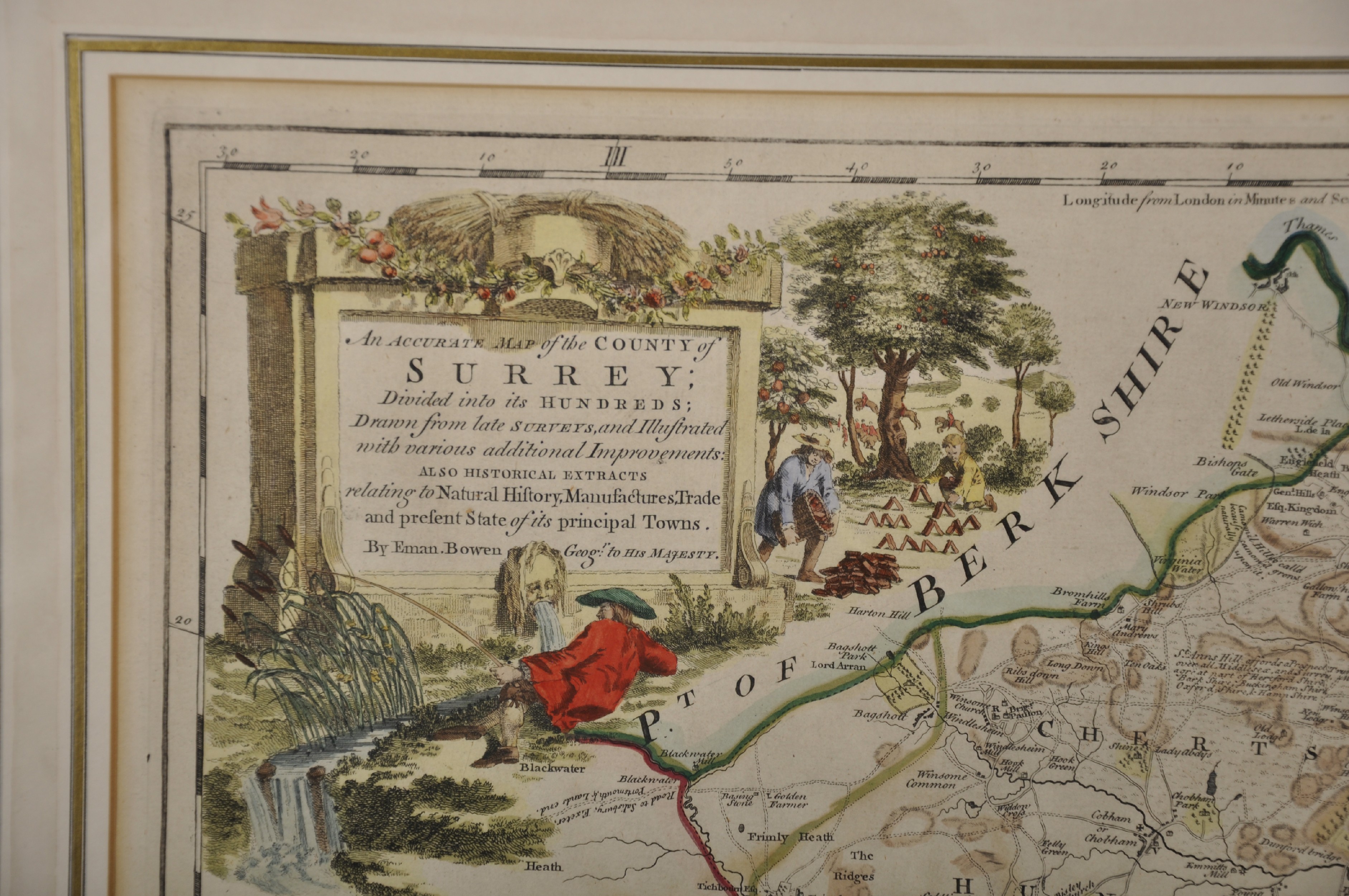 After Emanuel Bowen (1693-1767) British. "Surrey", Map, 21" x 28.25". - Image 3 of 4
