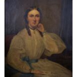 19th Century English School. A Seated Lady, in an Interior, Oil on Canvas, Arched, 25.5" x 21".