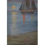 Charles F... Humphrey (19th - 20th Century) British. A Moonlit Coastal Scene, with a Sailing Boat,