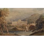 19th Century English School. Tintern Abbey, with a Sailing Boat in the foreground, and Figures