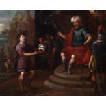 After Frans Francken (1581-1642) Belgian. David offering the Head of Goliath to Saul, Oil on Copper,